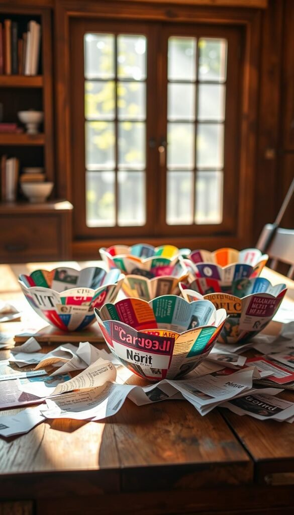 A vibrant still life showcasing a collection of handcrafted paper bowls made from repurposed magazine pages. The bowls are arranged on a wooden table, their vibrant colors and intricate textures catching the warm, natural light flooding in from a nearby window. The bowls are nestled among scattered pieces of paper, snippets of text and images hinting at the upcycled origins of the materials. The overall composition conveys a sense of artisanal craftsmanship and eco-conscious creativity, perfectly capturing the essence of the "Upcycled Paper Projects: Eco-Friendly Crafting" section.