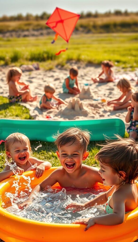 A vibrant summer scene of children engaged in a variety of playful activities. In the foreground, a group of kids splashing in a colorful kiddie pool, laughter and joy radiating from their expressions. In the middle ground, others building sandcastles on a sun-drenched beach, their hands expertly sculpting intricate designs. In the background, a grassy area with children flying kites, the vibrant fabric dancing in the gentle breeze. Warm, golden sunlight bathes the entire scene, creating a sense of warmth and carefree bliss. The atmosphere is one of pure, unbridled summertime delight, capturing the essence of childhood during the most joyous season.