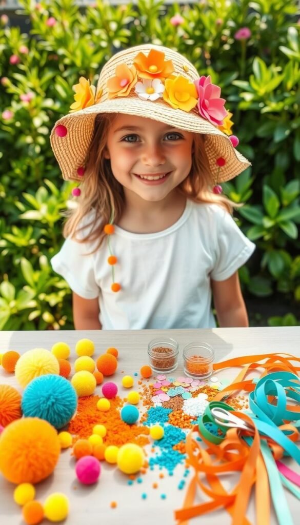 A vibrant summer scene with a child wearing a handmade sun hat, adorned with colorful paper flowers and beads. The hat casts a soft, natural light on the child's face, highlighting their joyful expression. In the middle ground, a table is set with an array of craft supplies - pom-poms, glitter, sequins, and ribbons in shades of yellow, orange, and turquoise. A lush, verdant garden backdrop completes the lively, inviting atmosphere, suggesting a warm, carefree summer day perfect for creative DIY projects.