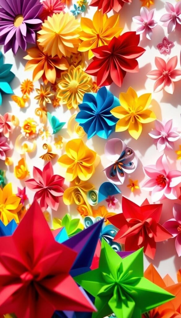A vibrant, visually striking wall display featuring an assortment of colorful paper crafts. In the foreground, intricate origami shapes in hues of red, blue, and green create a captivating focal point. The middle ground showcases a mix of quilled paper art, with swirling patterns and geometric designs in a palette of warm yellows and oranges. In the background, delicate paper flowers in pastel shades of pink and lavender add depth and texture to the composition. The lighting is soft and diffused, casting gentle shadows that accentuate the dimensional qualities of the crafts. The overall atmosphere is one of playfulness, creativity, and a celebration of the beauty of paper art.