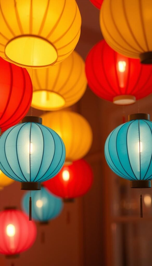 A vibrant, well-lit scene of colorful paper lanterns gently swaying in a warm, ambient setting. The lanterns are arranged in a harmonious cluster, their soft hues of red, yellow, and blue creating a tranquil, inviting atmosphere. The lanterns are suspended from delicate strings, casting a gentle, diffused glow across the scene. The background is softly blurred, placing the focus on the beautifully crafted paper lanterns. The overall mood is one of coziness, warmth, and a touch of whimsy, perfectly suited to brighten any living space.