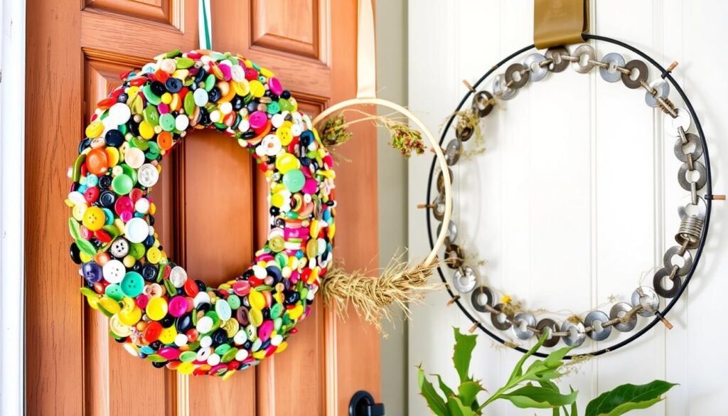 A vibrant, well-lit scene showcasing an eclectic collection of DIY door wreaths crafted from unexpected materials. In the foreground, a large wreath made from colorful buttons, beads, and zippers hangs proudly on a rustic wooden door. In the middle ground, a delicate hoop wreath features an intricate woven pattern of dried flowers, leaves, and herbs. In the background, a circular wreath constructed from repurposed metal washers and springs adds an industrial touch. The overall composition conveys a sense of creativity, whimsy, and a touch of vintage charm, perfectly capturing the essence of "Creative DIY Door Wreaths Using Unexpected Materials".