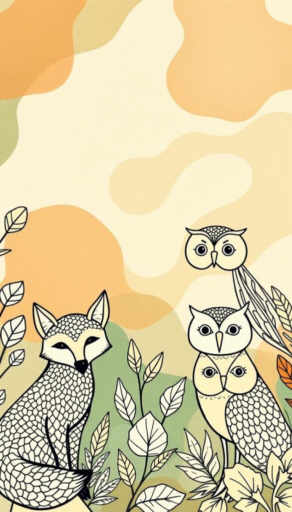 A vibrant, whimsical collection of hand-drawn animal-themed coloring pages, featuring a variety of playful creatures in a warm, earthy color palette. The foreground showcases intricate, organic patterns and textures within the animal illustrations, ranging from a mischievous fox to a serene owl, all rendered with a delicate, hand-crafted aesthetic. The middle ground presents a fluid, abstract background, with swirling, painterly washes of muted greens, ochres, and blues, evoking a sense of natural harmony. Soft, diffused lighting casts gentle shadows, creating depth and dimension, while a slightly vintage, nostalgic tone pervades the overall composition, inviting the viewer to immerse themselves in the relaxing, therapeutic experience of coloring.