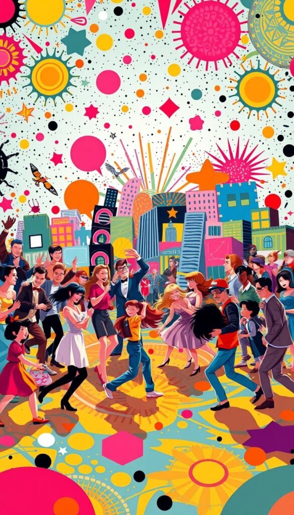 A vibrant, whimsical scene of beloved pop culture characters playfully dancing and interacting on a colorful, intricately patterned background. In the foreground, iconic figures from movies, TV shows, comics, and video games are rendered in a stylized, engaging illustration style, captured in dynamic poses that capture the fun and energy of the theme. The middle ground features a collage of complementary pop art motifs, geometric shapes, and energetic brushstrokes, creating a visually stimulating and visually cohesive composition. Warm, saturated lighting bathes the scene, evoking a sense of celebration and joy, inviting the viewer to immerse themselves in this vibrant, nostalgic pop culture wonderland.