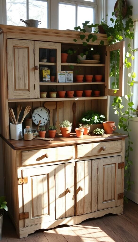 A vintage wooden kitchen cabinet, its distressed doors and drawers repurposed into a charming potting bench. The weathered surface is adorned with various gardening tools, seed packets, and terracotta pots, creating a rustic and functional display. Sunlight streams through a nearby window, casting a warm glow on the scene. In the background, lush houseplants and trailing vines add a touch of greenery, completing the cozy, inviting atmosphere of this repurposed furniture piece.