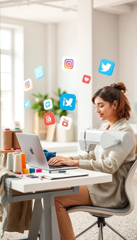 A visually appealing social media marketing scene for a sewing business. In the foreground, a woman sits at a modern desk, laptop open, surrounded by sewing accessories like colorful threads, fabrics, and a stylish sewing machine. She is focused on crafting engaging social media posts, her expression one of creative inspiration. In the middle ground, various social media app icons float, representing the different platforms the business utilizes. The background features a minimalist, light-filled room with large windows, giving a sense of openness and productivity. The overall lighting is soft and natural, creating a warm, inviting atmosphere. The color palette features muted tones of beige, gray, and pastel hues, complementing the sewing-themed elements.
