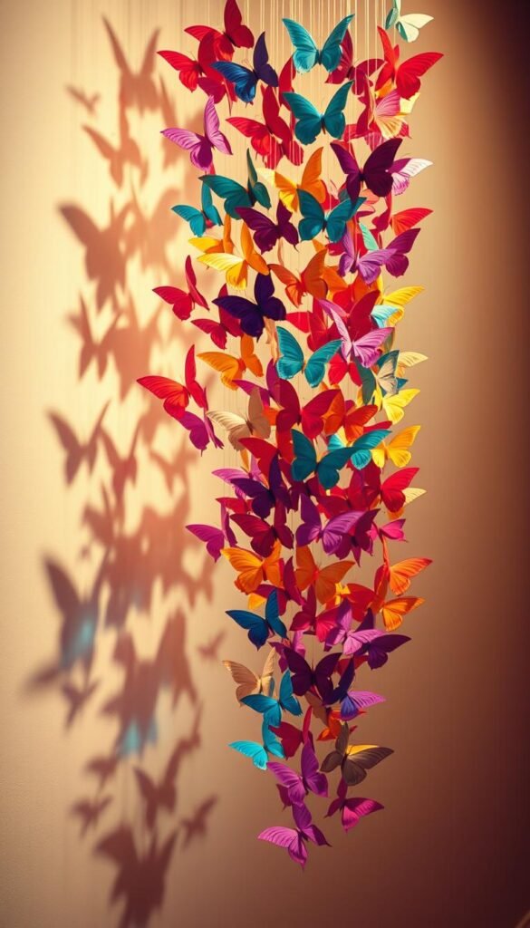 A visually captivating origami butterfly cascade display, suspended elegantly against a softly lit backdrop. Delicate paper wings in a spectrum of vibrant hues flutter gently, creating an enchanting three-dimensional composition. The butterflies are arranged in a cascading pattern, with each layer seamlessly flowing into the next, evoking a sense of graceful movement and depth. Subtle shadows and highlights accentuate the intricate origami folds, lending depth and dimensionality to the scene. The lighting is warm and diffused, casting a tranquil, gallery-like ambiance, allowing the vibrant colors and intricate details of the origami butterflies to take center stage. This visually striking display would make a stunning wall hanging, drawing the viewer into a captivating world of paper art.