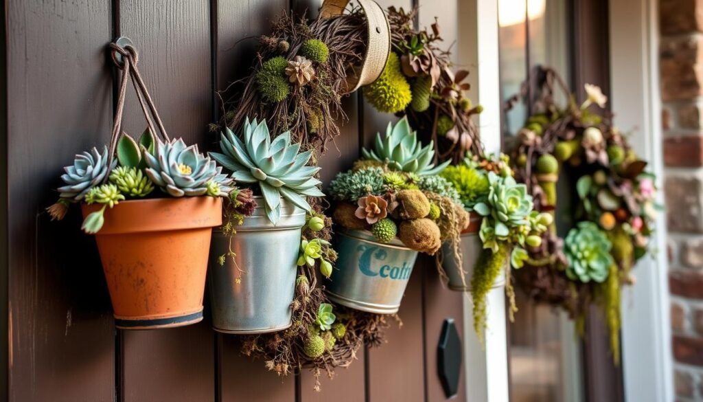 A visually striking collection of unique container wreaths adorns the front door, defying the traditional wreath form. Artfully arranged succulents, mosses, and dried flowers spill from rustic terra cotta pots, galvanized tubs, and repurposed vintage vessels, creating a captivating, nature-inspired display. Soft, diffused lighting casts a warm, welcoming glow, highlighting the diverse textures and earthy tones. The wreaths appear to float weightlessly, their organic shapes and compositions exuding a sense of effortless elegance. This innovative take on the classic door decoration elevates the entryway, inviting visitors to step into a world of creative, unconventional charm.