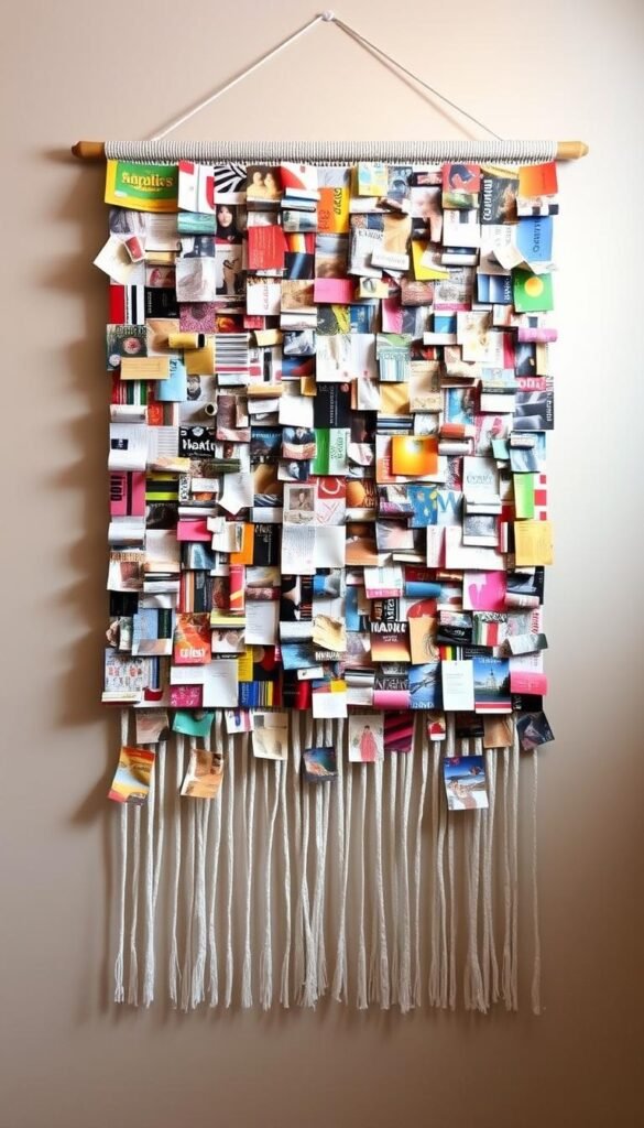 A visually striking magazine mosaic wall hanging, featuring an eclectic arrangement of vibrant magazine clippings in a square grid layout. The foreground showcases a diverse collage of glossy magazine pages, showcasing a rich tapestry of colors, patterns, and textures. The middle ground presents a balanced, symmetrical grid structure, with each square containing a unique magazine fragment. The background subtly fades into a neutral, muted tone, allowing the mosaic to take center stage. The lighting is soft and diffused, creating a warm, inviting atmosphere that enhances the tactile, handcrafted feel of the artwork. Captured at a slight angle, the image conveys a sense of depth and dimensionality, inviting the viewer to explore the intricate details of this upcycled, one-of-a-kind wall hanging.