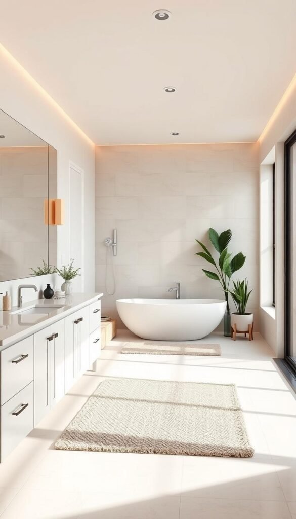 A well-appointed bathroom interior with elegant, minimalist design. A spacious vanity with sleek, white cabinets and a large mirror fills the foreground, bathed in warm, diffused lighting. The middle ground features a modern, freestanding bathtub surrounded by minimalist decor elements like potted plants and a plush, textured rug. The background showcases neutral-toned tile walls and a large window, letting in natural light and creating a serene, spa-like atmosphere. The overall scene conveys a sense of relaxation, comfort, and thoughtful, streamlined style.