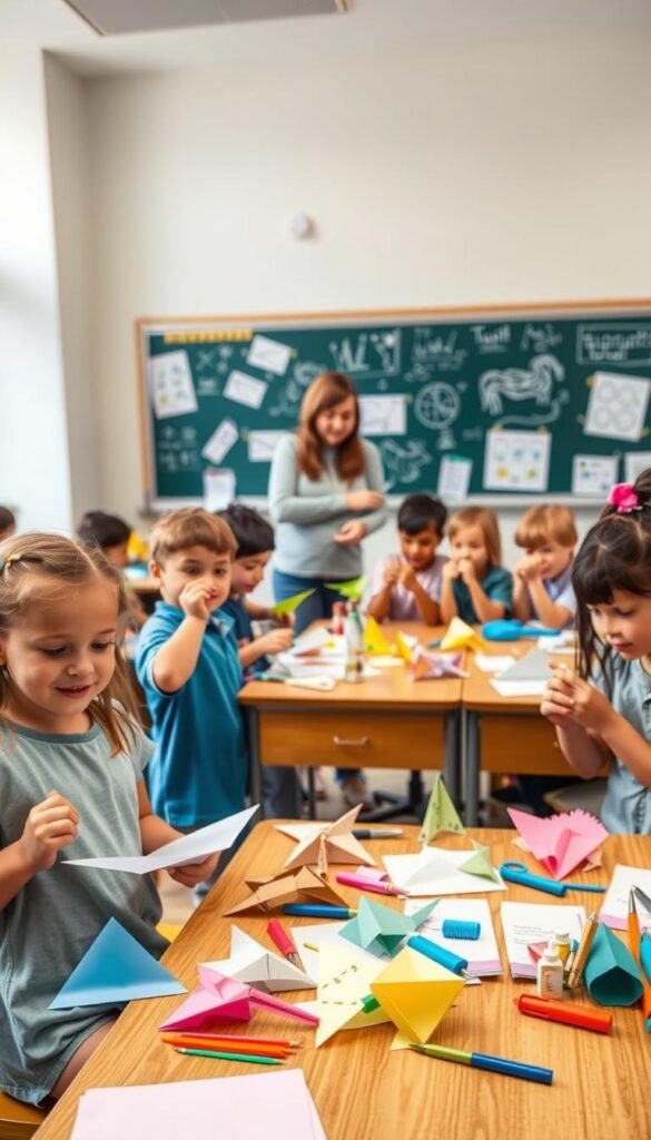 A well-lit classroom setting with a wooden desk and chair, showcasing an array of engaging paper craft projects for children. On the desk, an assortment of colorful paper, scissors, glue, and other craft supplies are neatly arranged. In the foreground, a group of young students enthusiastically create paper airplanes, origami animals, and other educational paper-based projects, their faces filled with curiosity and concentration. In the middle ground, a teacher guides the students, offering encouragement and assistance. The background features a chalkboard or whiteboard displaying educational diagrams or instructions related to the paper crafts. The overall scene conveys a sense of learning, creativity, and the joy of hands-on educational activities.