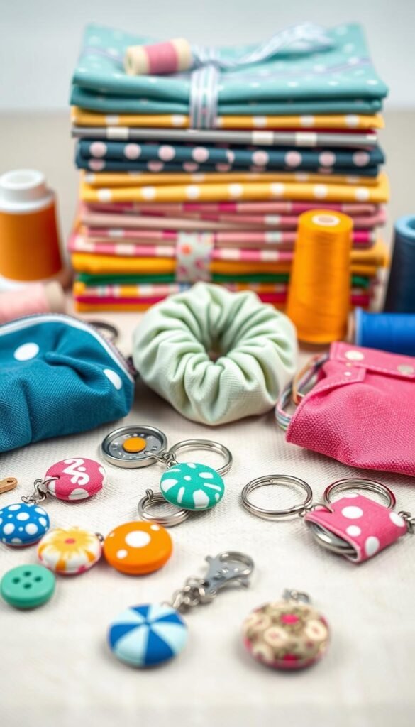 A well-lit close-up shot of an assortment of quick sewing projects on a neutral background. In the foreground, a collection of small, decorative items like fabric-covered buttons, colorful key chains, and compact coin purses. In the middle ground, a pair of stylish hair scrunchies and a simple yet chic fabric bookmark. The background features a neatly folded stack of vibrant fabrics and spools of coordinating thread, creating a visually appealing and inspiring arrangement. The lighting is soft and diffused, highlighting the textures and colors of the handmade items. The overall mood is one of creativity, practicality, and the joy of crafting.