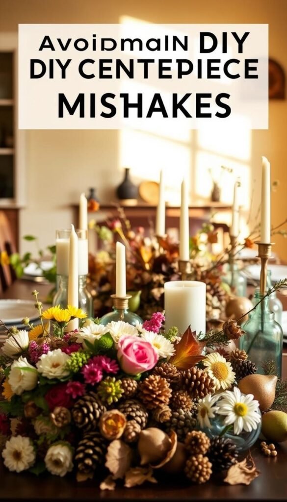 A well-lit, close-up view of a cluttered table showcasing several common DIY centerpiece mistakes. In the foreground, an overcrowded display with mismatched vases, candles, and flowers spilling out in an unorganized manner. In the middle ground, a haphazard arrangement of seasonal elements like pinecones and dried leaves, creating a disjointed and busy composition. The background is blurred, highlighting the focal point of the mistakes. Warm, natural lighting casts shadows that accentuate the messy, amateurish appearance. The overall mood conveys a sense of disorganization and lack of design principles, serving as a cautionary visual for the article's section on avoiding DIY centerpiece mishaps.