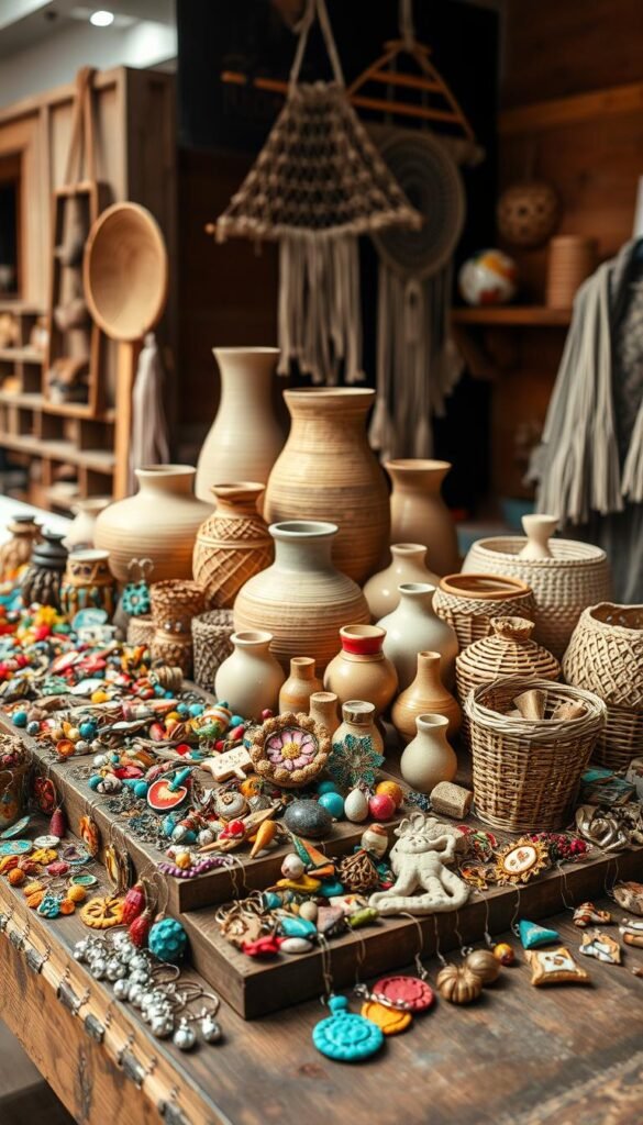 A well-lit display of a variety of handmade DIY crafts for sale, arranged neatly on a rustic wooden table. In the foreground, an assortment of colorful trinkets, jewelry, and small decorative items catch the eye. In the middle ground, a selection of textured, artisanal home decor pieces such as woven baskets, ceramic vases, and macrame wall hangings. The background features a warm, inviting setting, perhaps a cozy craft fair or a quaint market stall, with a soft, natural lighting that enhances the handmade charm of the displayed items. The overall atmosphere conveys a sense of creativity, uniqueness, and the appeal of supporting local artisans.