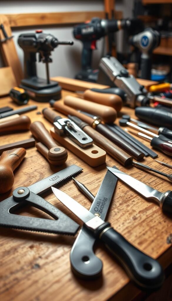A well-lit, high-quality close-up photograph of a collection of woodworking tools arranged neatly on a wooden workbench. In the foreground, a coping saw, a chisel, and a carving knife are positioned prominently. In the middle ground, a small hand plane, a set of files, and a set of precision screwdrivers are displayed. In the background, a jigsaw, a drill, and a rotary tool are visible, suggesting the full range of tools needed for puzzle box construction. The lighting is soft and diffused, creating a warm, inviting atmosphere that highlights the craftsmanship and attention to detail required for this intricate woodworking project.