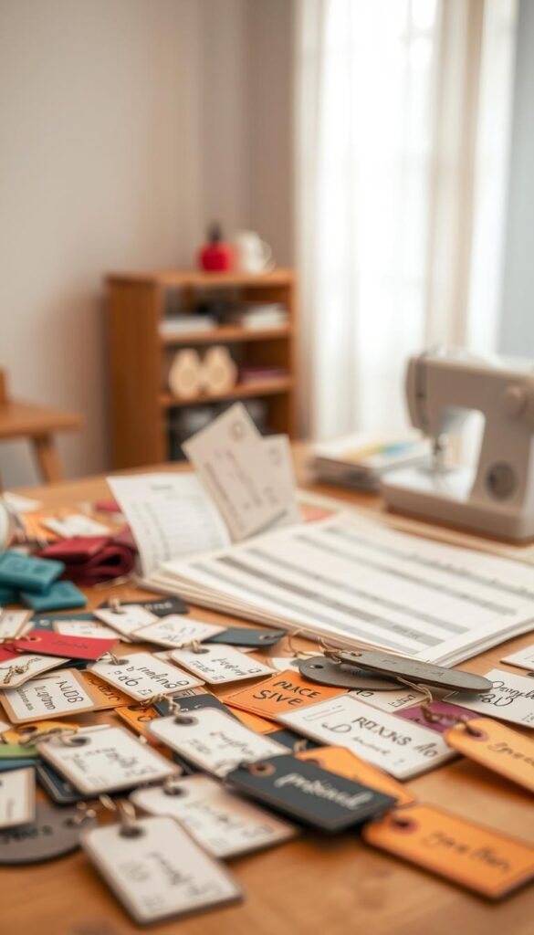 A well-lit, high-quality close-up photograph of a table displaying various pricing tags, labels, and receipts for handmade sewing projects. The foreground showcases a range of price tags in different colors, materials, and designs, arranged neatly. In the middle ground, several price lists and pricing guides for sewing items are visible, providing a sense of structure and organization. The background features a soft, blurred backdrop, suggesting a professional studio or workspace setting. The overall mood is one of thoughtful consideration, with a focus on the practical aspects of pricing handmade sewing creations.