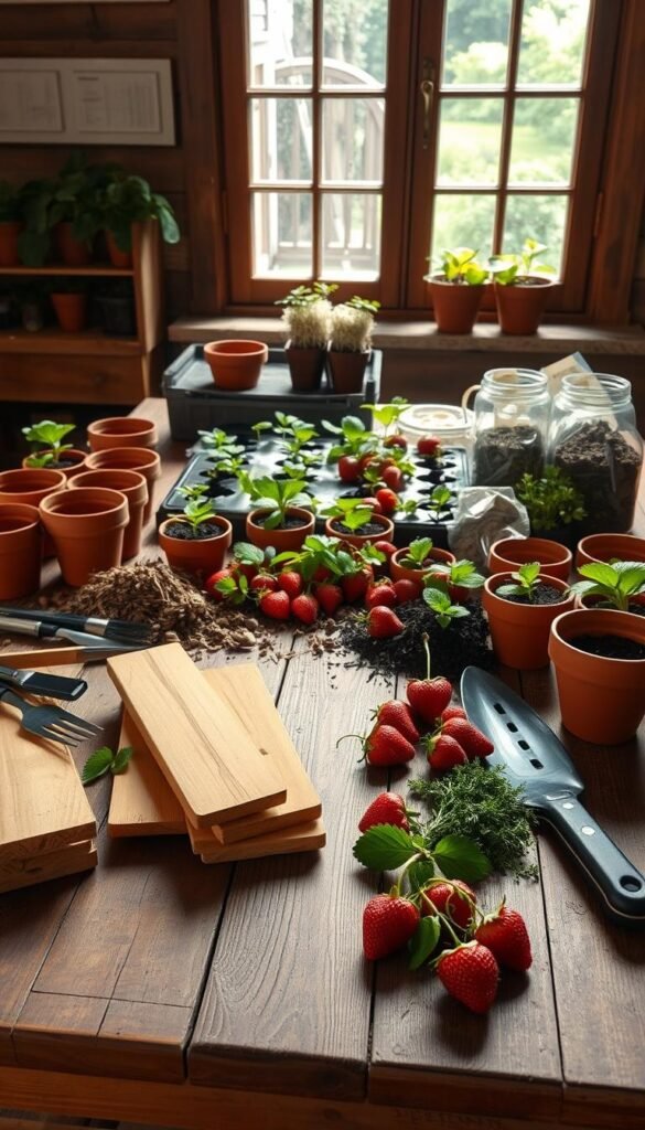 A well-lit, high-resolution image of a rustic wooden table covered with an assortment of DIY strawberry planter materials. In the foreground, an assortment of wooden planks, terracotta pots, gardening tools, and a trowel. In the middle ground, a selection of strawberry plants, soil, and mulch. In the background, a window with natural light streaming in, casting a warm, earthy glow over the scene. The composition is balanced and organized, highlighting the key materials needed to create homemade strawberry planters. The overall mood is one of craftsmanship, creativity, and the joy of growing your own food.