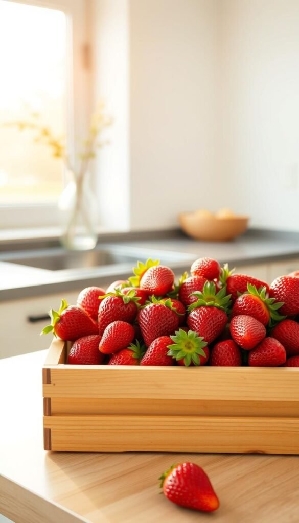 A well-lit kitchen counter, clean and uncluttered, showcases a bountiful harvest of fresh, juicy strawberries. The berries, still glistening with morning dew, are neatly arranged in a shallow, wooden crate, their vibrant red hues contrasting against the natural wood tones. Soft, diffused lighting from a large window casts a warm, golden glow over the scene, highlighting the delicate textures and natural beauty of the fruit. In the background, a simple, minimalist vase with a few sprigs of greenery complements the scene, creating a serene and inviting atmosphere perfect for preserving the flavorful essence of the just-picked strawberries.