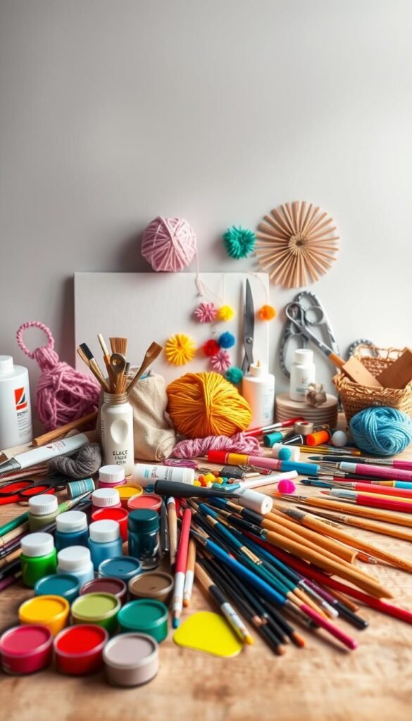 A well-lit, neatly arranged still life showcasing an assortment of DIY home decor supplies. In the foreground, an array of vibrant paints, brushes, and craft tools rest upon a wooden surface. In the middle ground, decorative elements like colorful yarn, embroidery floss, and pom-poms sit alongside scissors, glue, and other essentials. The background features a neutral backdrop, allowing the materials to take center stage. The lighting is soft and diffused, casting gentle shadows and highlighting the textures of the various items. The overall composition conveys a sense of creativity, inspiration, and the exciting potential of DIY home decor projects.