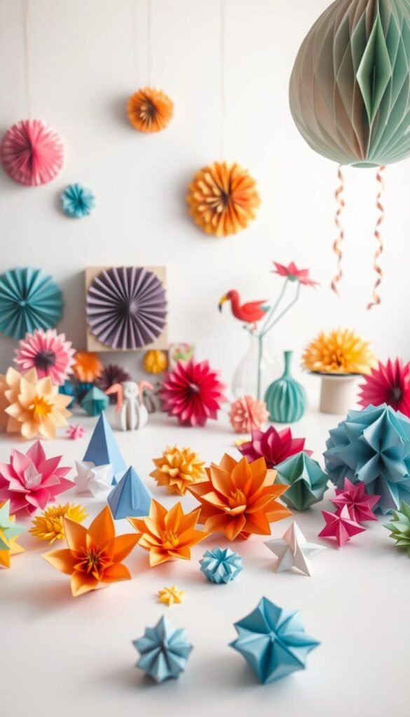 A well-lit, neatly arranged still life showcasing an assortment of vibrant, intricately crafted paper decorations. In the foreground, an array of origami shapes, including delicate flowers, geometric sculptures, and abstract 3D forms, rest upon a clean, minimalist surface. The middle ground features a selection of decorative paper-based items like ornaments, garlands, and table accents, all in a harmonious color palette that complements the space. The background subtly fades into a neutral, softly-lit environment, allowing the paper crafts to take center stage. The overall composition exudes a sense of functionality, creativity, and everyday elegance.