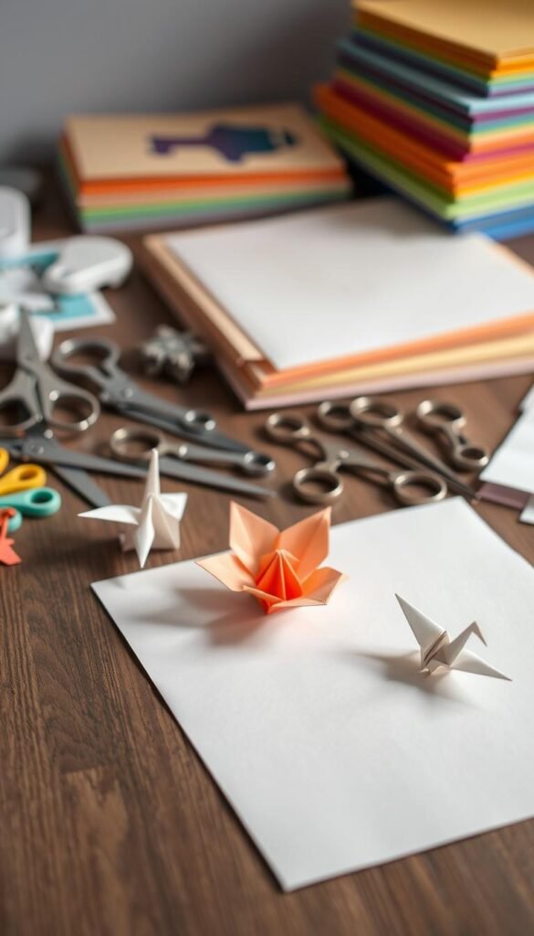 A well-lit, neatly arranged tabletop scene showcasing a variety of intricate paper craft projects. In the foreground, delicate origami shapes like cranes and flowers sit atop a crisp white sheet of paper. In the middle ground, a collection of decorative paper punches, scissors, and other crafting tools are displayed. The background features a soft, slightly blurred stack of colorful cardstock, hinting at the diverse materials used in these quick yet impressive paper techniques. The overall mood is one of creativity, attention to detail, and a sense of artful simplicity.