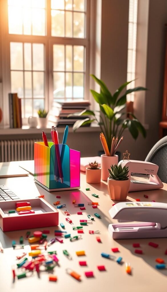 A well-lit office desk, bathed in warm, natural light from large windows. The surface is adorned with a vibrant assortment of colorful accessories - a playful desktop organizer in gradient hues, a sleek pen holder in a bold primary color, a small succulent plant in a cheerful ceramic pot, and a stylish stapler in a pastel shade. Scattered around are matching binder clips, push pins, and other small office supplies, creating a visually striking and inviting workspace. The overall atmosphere is one of creativity, productivity, and a touch of whimsy, reflecting the owner's personality and style.