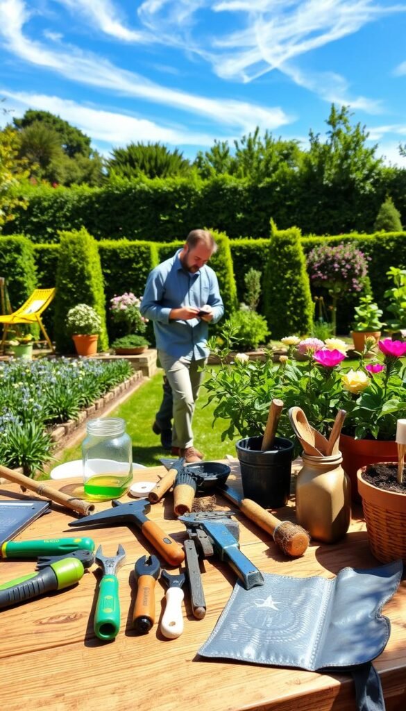 A well-lit outdoor garden scene, with a focused foreground showcasing various DIY gardening tools and materials arranged neatly on a wooden workbench. In the middle ground, a gardener in casual attire examines a plant, contemplating a potential issue. The background features a lush, verdant garden with neatly trimmed hedges, flowering plants, and a clear blue sky with wispy clouds. The overall mood is one of problem-solving, with a sense of tranquility and connection to nature.