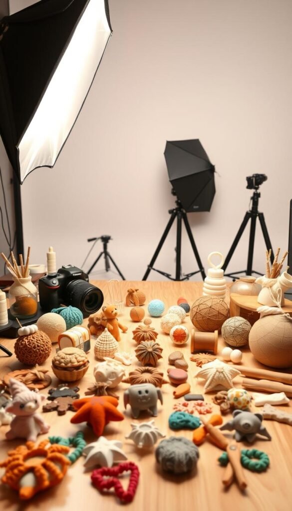 A well-lit, professional-looking desk setup with a DSLR camera, product props, and photography equipment. In the foreground, an assortment of handmade crafts are arranged artfully, showcasing their intricate details. The middle ground features a softbox lighting setup, a reflector, and a tripod, indicating the technical aspects of craft photography. In the background, a plain, neutral-toned backdrop provides a clean, minimalist setting. The overall scene conveys a sense of expertise, attention to detail, and the importance of high-quality product photography for selling crafts online.