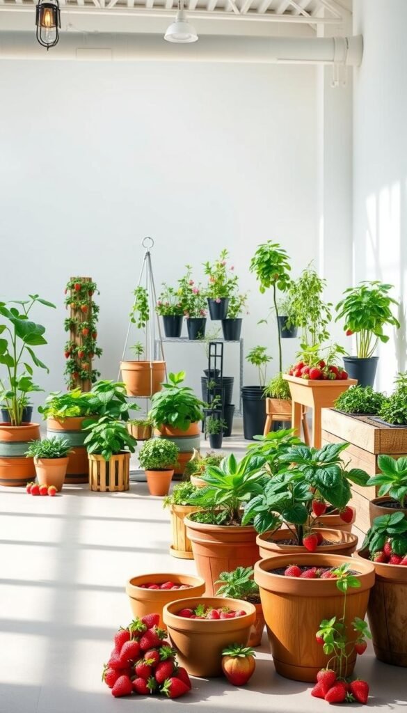 A well-lit, spacious indoor setup showcasing an assortment of the best planter options for growing lush, juicy strawberries. In the foreground, a variety of attractive containers in terracotta, wood, and sturdy plastic, all suitable for strawberry cultivation. In the middle ground, a selection of vertical planters, hanging baskets, and raised beds to maximize growing space. The background features a crisp, minimalist environment with natural lighting flooding the scene, highlighting the textures and colors of the planters. The overall mood is one of inspiration and practicality, inviting the viewer to envision the perfect planter for their own strawberry garden.