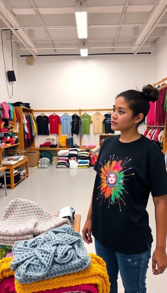 A well-lit, spacious studio filled with a variety of customized t-shirts, vibrant yarns, and sewing supplies. In the foreground, a model wears a t-shirt with a colorful, hand-painted design. Beside it, a neatly folded crochet project, its intricate stitches and textures showcased. The middle ground features a collection of t-shirts in different styles and colors, suggesting the versatility of the DIY crafts. The background is clean and minimalist, allowing the crafts to take center stage. The overall atmosphere is one of creativity, productivity, and the potential for profitable DIY projects.