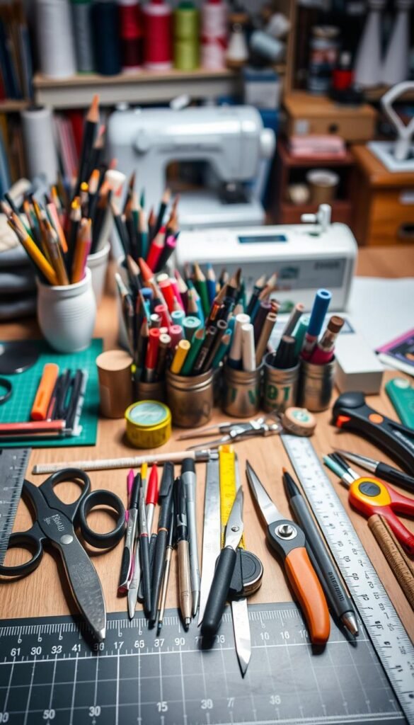 A well-lit tabletop scene showcasing an assortment of essential DIY crafting tools. In the foreground, a collection of precision scissors, X-acto knives, and a rotary cutter sit alongside a ruler, tape measure, and cutting mat. In the middle ground, a variety of paintbrushes, markers, and colored pencils are arranged neatly. In the background, spools of thread, a sewing machine, and a pair of pliers add depth and context to the scene. The lighting is soft and even, creating a warm, inviting atmosphere that highlights the craftsmanship and utility of these essential tools.