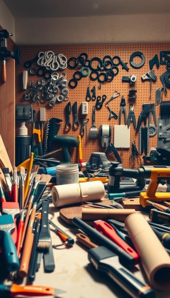 A well-lit workshop scene showcasing an assortment of essential DIY large wall art tools. In the foreground, an array of painting supplies including brushes, paint rollers, and a palette knife. In the middle ground, power tools like a jigsaw, orbital sander, and a staple gun. In the background, a pegboard displays a variety of hanging hardware like D-rings, wire, and picture hangers. The lighting is warm and directional, creating dramatic shadows that accentuate the textures of the tools. The overall mood is one of creative potential, inviting the viewer to imagine the possibilities of crafting large-scale wall art.
