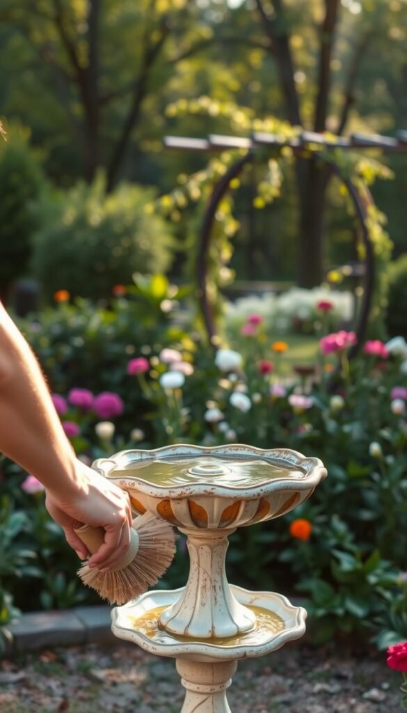 A well-maintained birdbath in a serene garden setting. In the foreground, a person carefully scrubbing the birdbath with a soft brush, removing any algae or debris. The middle ground showcases a lush, verdant landscape with flowering plants and a decorative trellis in the background. Soft, diffused sunlight filters through the trees, creating a warm, inviting atmosphere. The scene conveys a sense of tranquility and the importance of keeping the birdbath clean to attract and care for local bird populations.