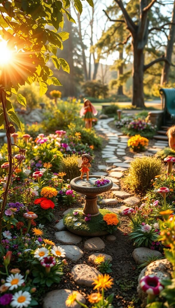 A well-manicured fairy garden, bathed in warm, golden sunlight filtering through lush foliage. In the foreground, a diminutive fairy tends to colorful blooms and trims delicate vines with tiny, nimble shears. The middle ground reveals a quaint, weathered birdbath surrounded by a mosaic of vibrant flowers and whimsical mushroom sculptures. In the background, a winding stone path leads deeper into the enchanted sanctuary, flanked by towering trees and a gently flowing stream. The air is filled with the soft flutter of fairy wings and the soothing melody of birdsong, creating a serene, tranquil atmosphere.