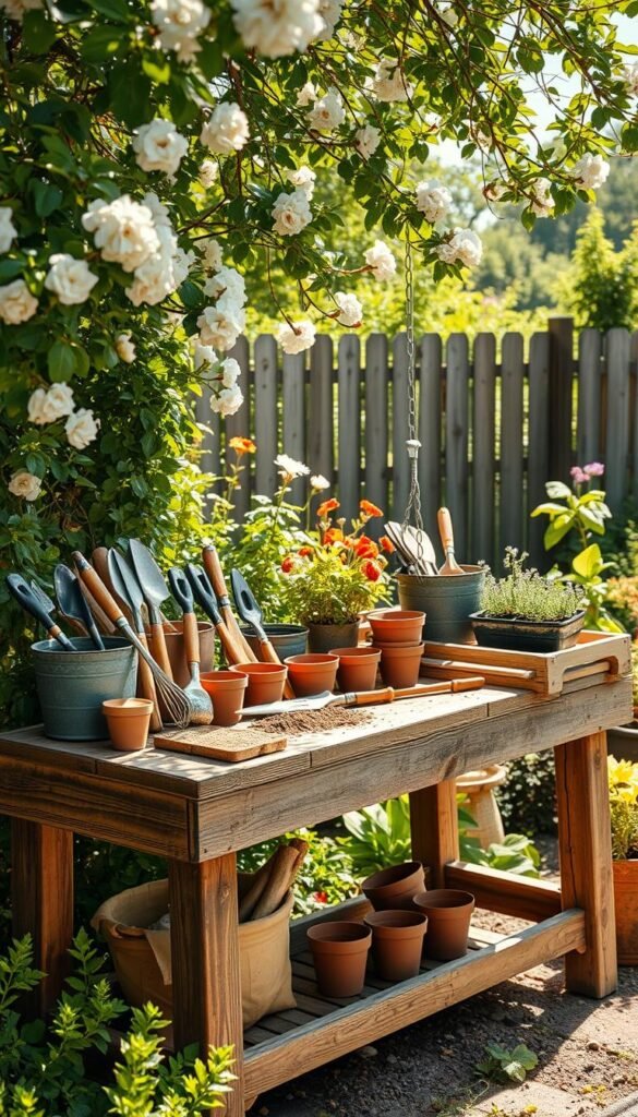 A well-organized potting bench in a sun-dappled garden, with a variety of essential supplies neatly arranged. In the foreground, a sturdy wooden potting bench with a weathered finish, topped with a selection of gardening tools, potting soil, and plant pots. In the middle ground, lush greenery and blooming flowers frame the scene, creating a serene and inviting atmosphere. The background features a wooden fence and a glimpse of a tranquil outdoor space, bathed in soft, natural lighting. The overall composition evokes a sense of order, productivity, and a love for gardening.