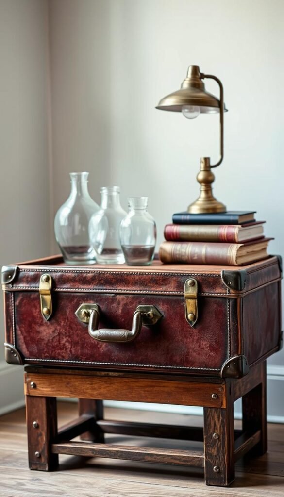 A well-worn vintage suitcase, its weathered leather and brass hardware gleaming in the soft, diffused light. The suitcase sits atop a sturdy wooden frame, its interior transformed into a practical side table. Delicate glass vases, a tarnished metal lamp, and a stack of antique books adorn the tabletop, creating a cozy, rustic atmosphere. The scene is captured from a slightly elevated angle, highlighting the textural details and the harmonious blend of old and new. The background is softly blurred, allowing the upcycled suitcase to be the focal point, inviting the viewer to imagine the stories it could tell.