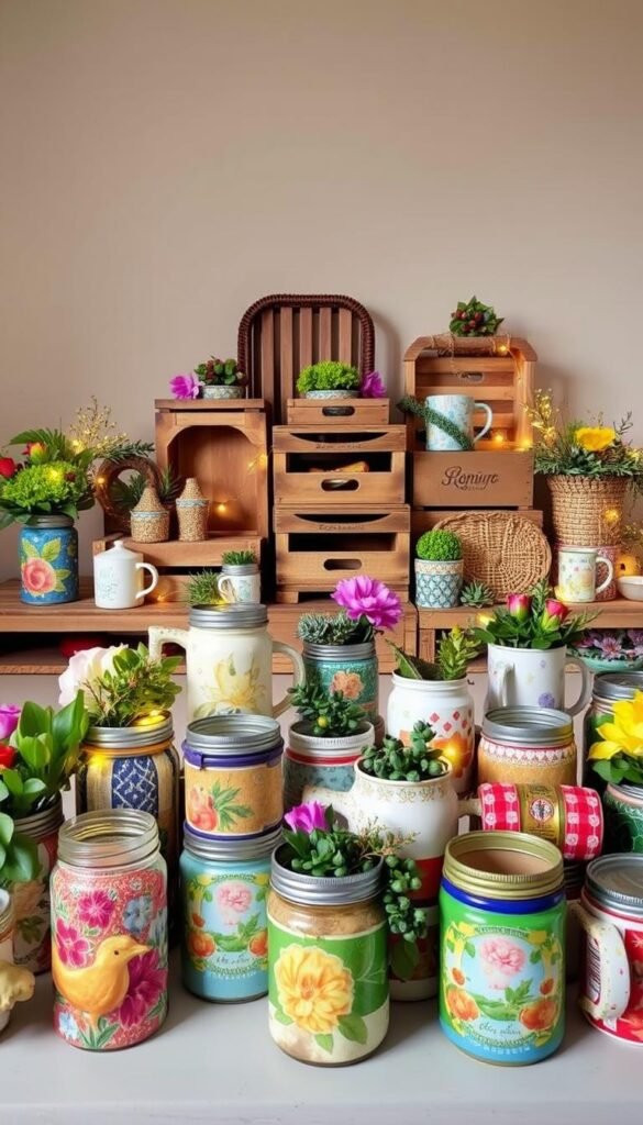 A whimsical arrangement of upcycled containers repurposed as decorative centerpieces. In the foreground, a collection of glass jars, tin cans, and ceramic mugs, each adorned with vibrant patterns, textures, and embellishments. Lush floral accents, greenery, and twinkling fairy lights add a touch of natural elegance. The middle ground features a mix of wooden crates, woven baskets, and salvaged trays, artfully arranged to create a visually striking display. In the background, a neutral, minimalist backdrop allows the upcycled pieces to take center stage, showcased in warm, diffused lighting that highlights their unique character and charm.