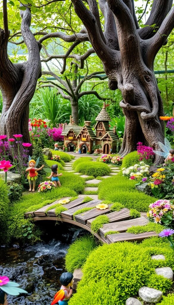 A whimsical fairy garden bursting with vibrant flora and enchanting details, perfect for young adventurers. In the foreground, a rustic wooden bridge arches over a babbling brook, its planks dotted with delicate flowers. Lush, mossy pathways wind through the middle ground, leading to a cluster of miniature fairy houses nestled among the foliage. Towering trees with gnarled branches frame the scene, their leaves casting a soft, dappled light. Miniature fairies, their wings shimmering, dance playfully among the blooms, inviting children to explore this captivating, magical oasis.