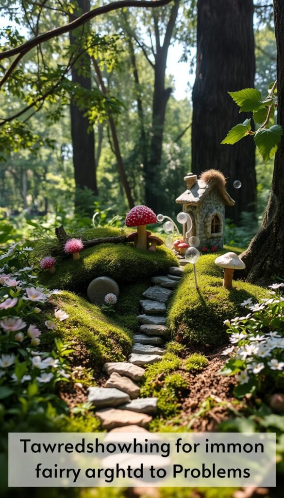 A whimsical fairy garden nestled amidst lush greenery, with delicate blooms and enchanting mushrooms dotting the landscape. Soft, dappled sunlight filters through the canopy, casting a warm, magical glow. In the foreground, a miniature stone pathway winds through a cluster of flowering plants, leading the eye towards a charming fairy house perched atop a mossy mound. Ethereal wisps of mist drift lazily, adding to the serene and otherworldly atmosphere. The scene is framed by towering trees, their branches creating a natural, protective embrace. An inviting, tranquil refuge, perfect for troubleshooting common fairy garden problems.