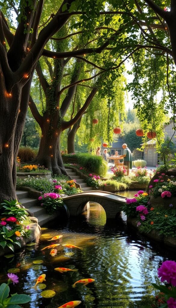 A whimsical fairy garden water feature, surrounded by lush greenery and blooming flowers. In the foreground, a tranquil pond with gently rippling water, home to colorful koi fish and a charming stone bridge. Towering trees frame the scene, their branches laden with delicate fairy lights that cast a warm, magical glow. Wispy vines and trailing vines cascade down the embankments, creating a lush, enchanted atmosphere. The sun filters through the leaves, casting dappled shadows and highlighting the vibrant colors of the garden. A sense of peaceful serenity and wonder pervades the scene, inviting the viewer to step into this enchanting fairy realm.