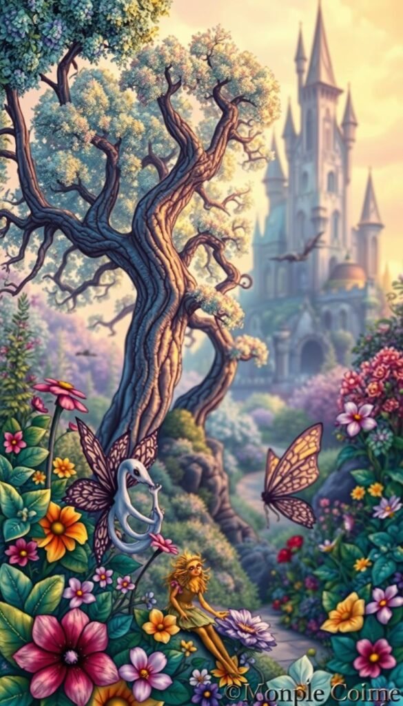 A whimsical fantasy landscape with lush, vibrant foliage and enchanting magical elements. In the foreground, a detailed, intricately designed fairy or woodland creature sits amidst colorful flowers and vines. The middle ground features towering, gnarled trees with shimmering, ethereal foliage. In the background, a mysterious castle or fantastical structure rises against a dreamy, pastel sky. Soft, diffused lighting casts a warm, mystical glow over the entire scene. The image conveys a sense of wonder, enchantment, and the invitation to color and bring this fantasy world to life.