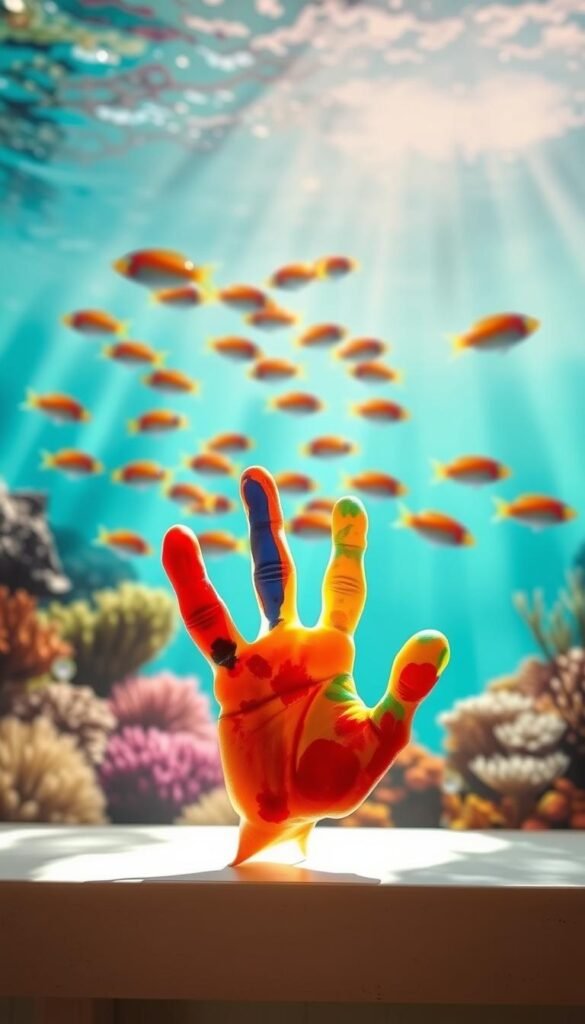 A whimsical handprint fish craft set against a vibrant, sun-dappled underwater scene. In the foreground, a child's brightly painted handprint forms the body of a colorful fish, with playful fins and tail emerging from the vibrant colors. The middle ground features a school of smaller fish swimming gracefully through the shimmering, turquoise water, while the background depicts a lush seascape with coral, kelp, and other marine flora. Soft, diffused lighting creates a warm, inviting atmosphere, evoking the joyful spirit of a summer crafting activity. Captured from a slightly elevated angle to showcase the charming, handmade nature of the craft.