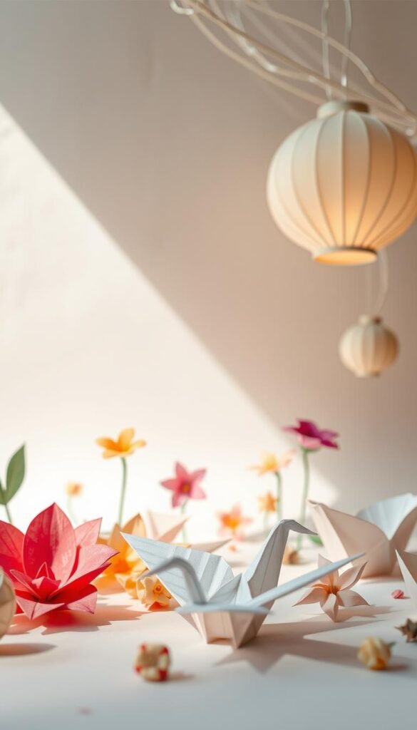 A whimsical paper craft scene showcasing a variety of delicate origami shapes and textures. In the foreground, an intricate paper crane with crisp folds and a graceful silhouette takes flight, its wings delicately outstretched. Surrounding it, a array of paper flowers in vibrant hues, their petals artfully curled and layered. In the middle ground, delicate paper lanterns in muted tones dangle from invisible strings, casting a warm, diffused glow. The background features a backdrop of soft, textured paper in neutral shades, creating a serene and contemplative atmosphere. Bright, natural lighting from an unseen source illuminates the scene, highlighting the depth, dimension, and intricate craftsmanship of the paper elements. The overall composition conveys a sense of elegant simplicity and the beauty of handmade, tactile artistry.