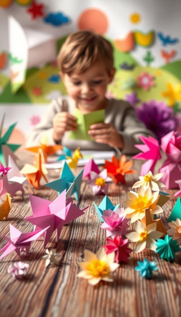 A whimsical scene of vibrant paper craft projects for young, curious minds. In the foreground, an array of intricate paper sculptures - origami animals, 3D shapes, and delicate flowers - arranged on a textured wooden surface, bathed in warm, natural lighting. In the middle ground, a child's hands carefully folding and shaping colorful sheets of paper, their face alight with concentration and joy. In the background, a soft, blurred landscape of playful patterns and textures, hinting at the boundless creativity and imagination that paper crafting can inspire. An atmosphere of wonder, discovery, and hands-on learning, capturing the essence of paper craft ideas that grow with a child's development.