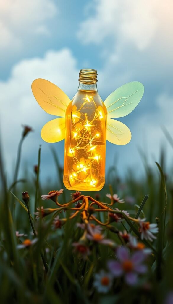 A whimsical summer craft for kids, a brightly lit pop bottle firefly floats above a grassy meadow. The clear plastic bottle is filled with yellow-orange lights, casting a warm glow. Delicate paper wings in shades of green and blue are attached, fluttering gently in the breeze. The firefly sits atop a tangle of wildflowers, their petals swaying. Soft light filters through wispy clouds, creating a dreamlike atmosphere. The scene is captured from a low angle, highlighting the playful spirit of this simple yet enchanting DIY project.