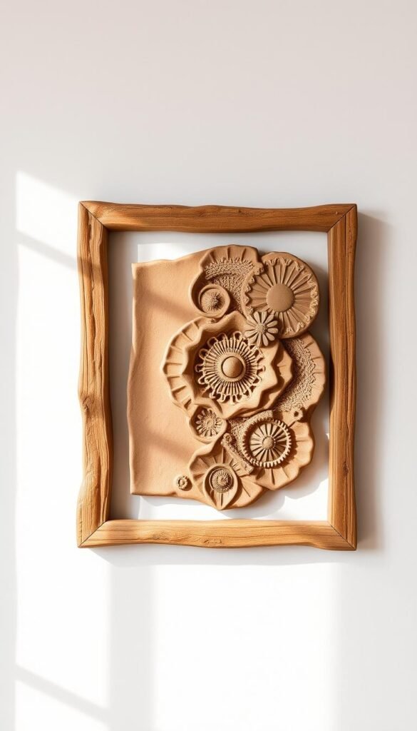 A wooden frame, crafted with natural textures and organic forms, showcases a striking clay wall art piece. The clay sculpture features intricate patterns and bas-relief designs, with a tactile, earthen finish. The frame is positioned against a neutral, light-colored wall, allowing the artwork to take center stage. Soft, diffused lighting casts gentle shadows, emphasizing the depth and contours of the clay work. The overall composition exudes a sense of balance, harmony, and a celebration of the natural, handcrafted aesthetic, perfect for a unique home decor piece. A wooden frame, crafted with natural textures and organic forms, showcases a striking clay wall art piece. The clay sculpture features intricate patterns and bas-relief designs, with a tactile, earthen finish. The frame is positioned against a neutral, light-colored wall, allowing the artwork to take center stage. Soft, diffused lighting casts gentle shadows, emphasizing the depth and contours of the clay work. The overall composition exudes a sense of balance, harmony, and a celebration of the natural, handcrafted aesthetic, perfect for a unique home decor piece.