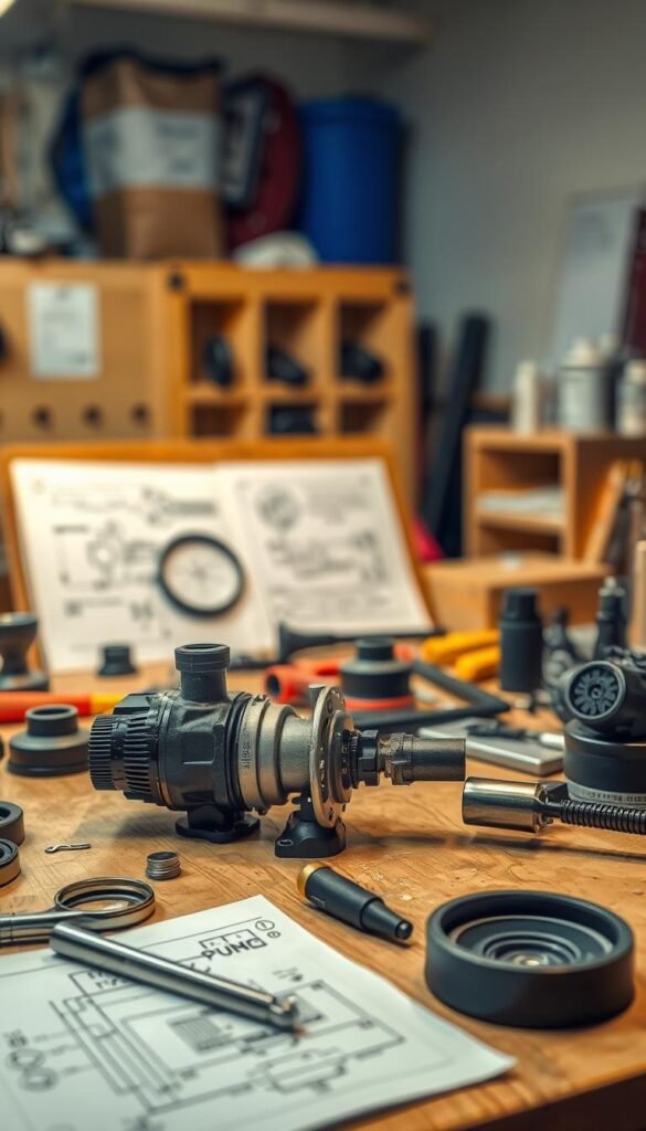 A workshop table with an assortment of fountain pump parts and tools. In the foreground, a disassembled pump mechanism with its components laid out, ready for inspection. In the middle ground, a magnifying glass and a schematic diagram provide a closer look at the inner workings. The background is softly blurred, suggesting a well-lit, organized work environment. The lighting is warm and directional, casting subtle shadows that help emphasize the textures and details of the scene. The overall mood is one of focused troubleshooting, with a sense of problem-solving and hands-on exploration.