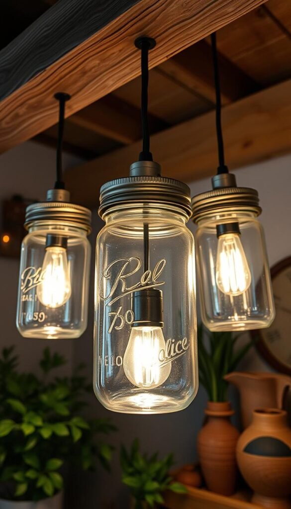 An exquisite upcycled mason jar lighting fixture, its soft glow illuminating a cozy, rustic-chic interior. A trio of vintage jars, their metal lids meticulously repurposed as light sources, hang from a weathered wooden beam, casting a warm, inviting ambiance. Delicate filament bulbs flicker within, their gentle radiance reflecting off the glass surfaces. Lush greenery and earthy ceramics accent the scene, creating a harmonious, nature-inspired atmosphere. Captured with a wide-angle lens, the image showcases the jars' intricate details and the overall charm of this handcrafted, sustainable lighting solution.