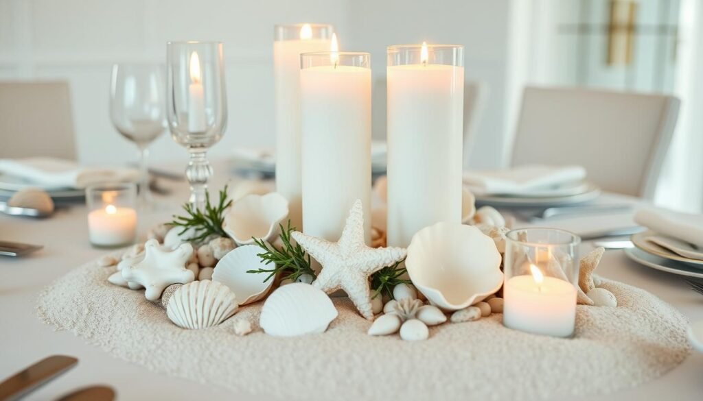 An image of a beach-inspired centerpiece on a dining table, with candles, shells, and sand.