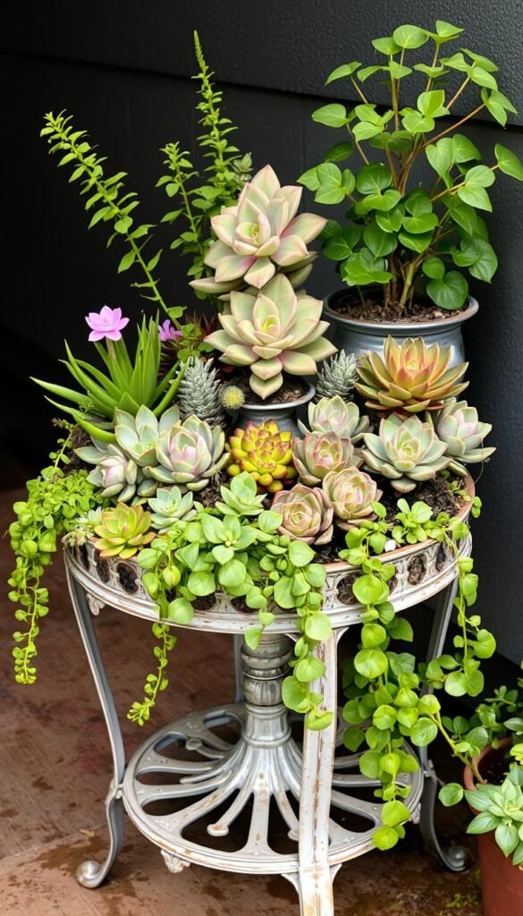 An image of an old metal table transformed into a plant display with various plants and succulents.